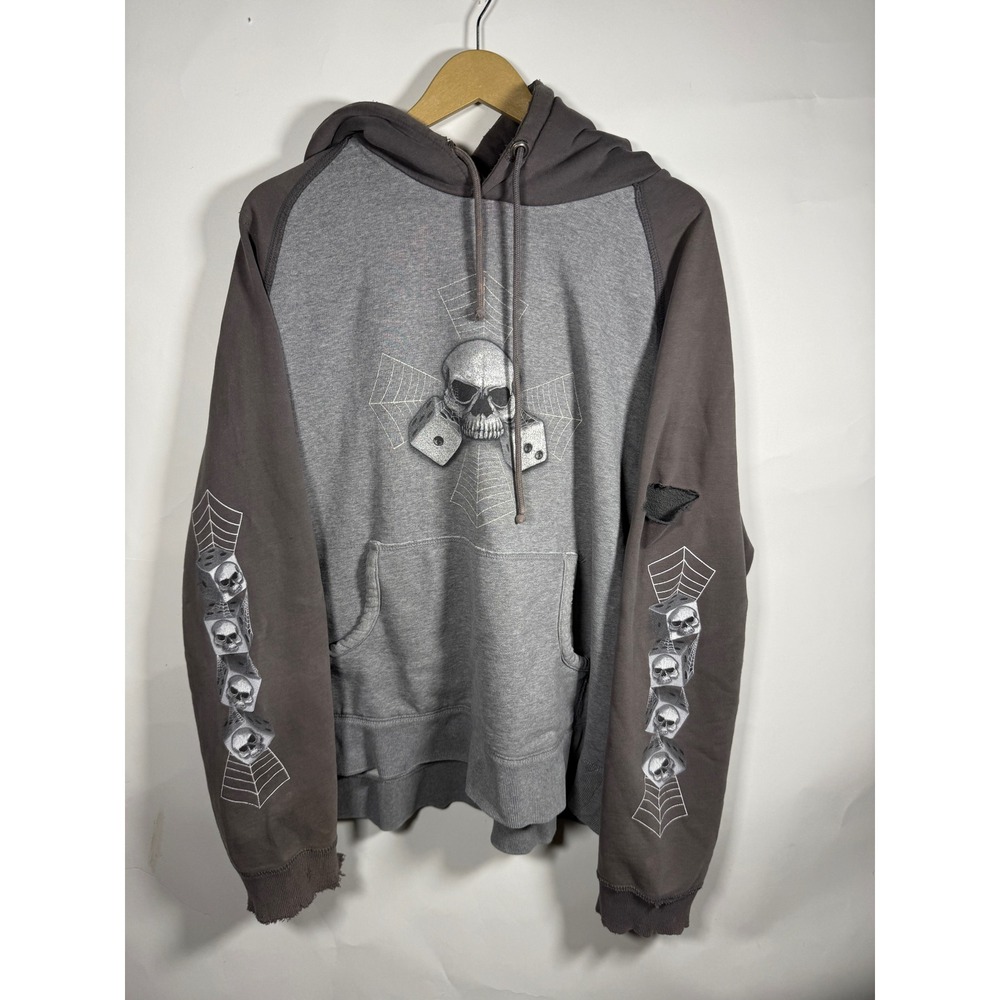 Sonoma Jean Company Mens XL Skull Dice Spiderweb Hoodie Gray Brown Distressed